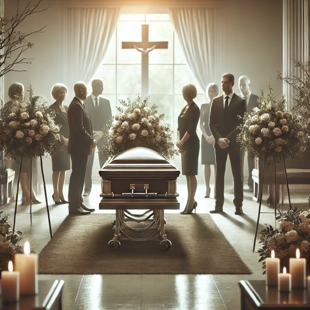 Quiet funeral room with casket and flowers, reflecting support during a wrongful death.